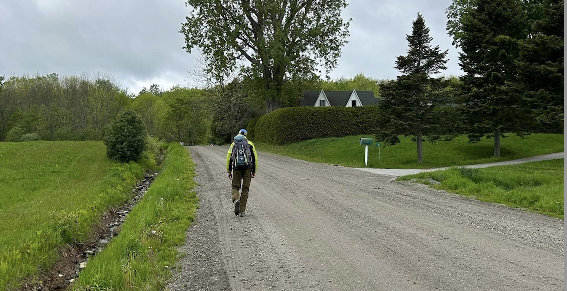 Homme marchant de dos sur un chemin de terre